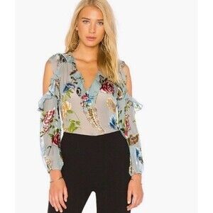 Alice + Olivia Gia Blouse Small Blue Cold Shoulder Floral Sheer Silk ruffle
